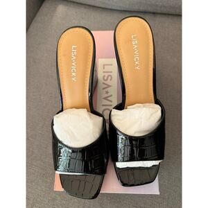 NEW Lisa Vicky Nordstrom Adore-V Croco Wedge‎ Sandals Black Patent Leather 6.5